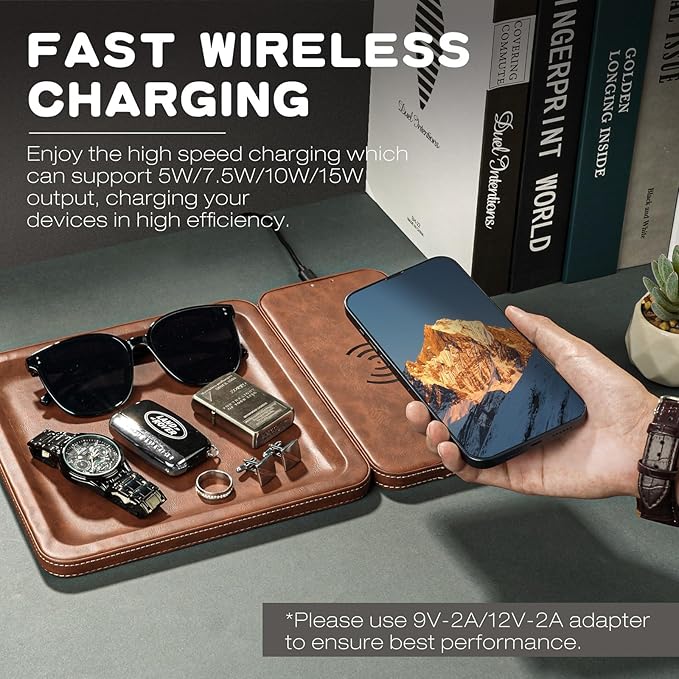 Vegan Leather Wireless Charging Station and Valet Tray